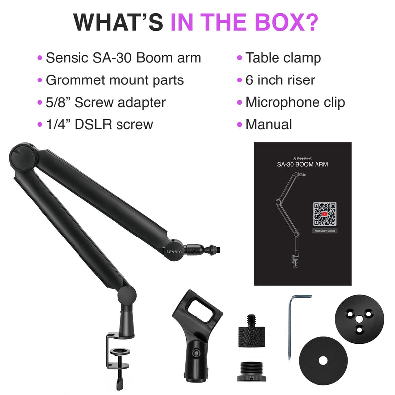 Sensic SA-30 Microphone Boom Arm, 360° Rotatable Mic Stand with 6 inch riser, Microphone Holder with 1/4", 3/8" and 5/8" Adapters, Professional Microphone Arm with Accessories, Mic Boom Arm Black