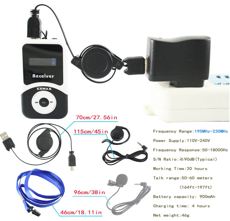 [AUSTRALIA] - EXMAX ATG-100T 195-230mHz Receiver Earphone for Wireless Tour Guide Monitoring System Transmitter Church Translation Simultaneous Interpretation Teaching Conference Travel Square Dance (1 Receiver) 