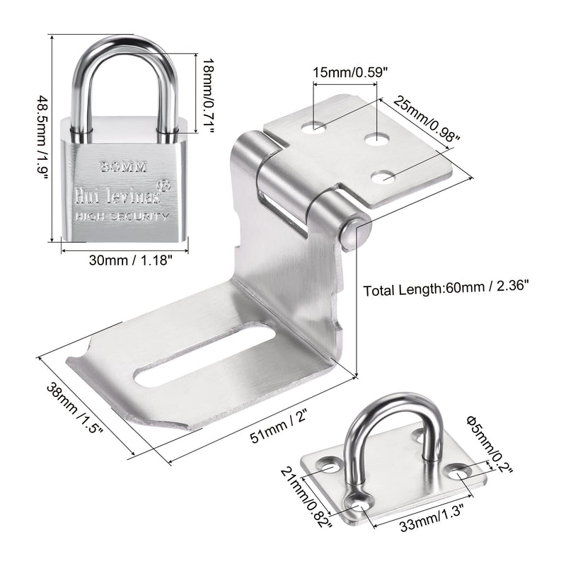 MECCANIXITY 3 Inch Stainless Steel 90 Degree Door Hasp Lock Keyed Different Clasp with Padlock and Screws for Cabinet Closet Gate, Silver