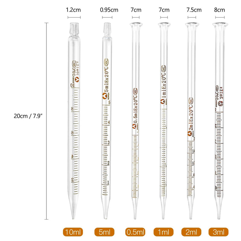 6 Pieces Glass Pipettes Graduated Dropper 0.5ml 1ml 2ml 3ml 5ml 10ml Long Glass Pipette Dropper with 6 Rubber Caps for Transfer Liquid Essential Oil 6 Pieces