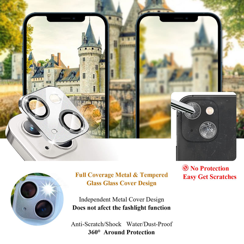 JOLOJO 2 Pack Camera Lens Protector Compatible for iPhone 13/13 Mini, Aluminum Alloy Metal & 9H Tempered Glass Shock/Water-Proof,Shatter/Scratch-Resistant,Case Friendly - Silvery