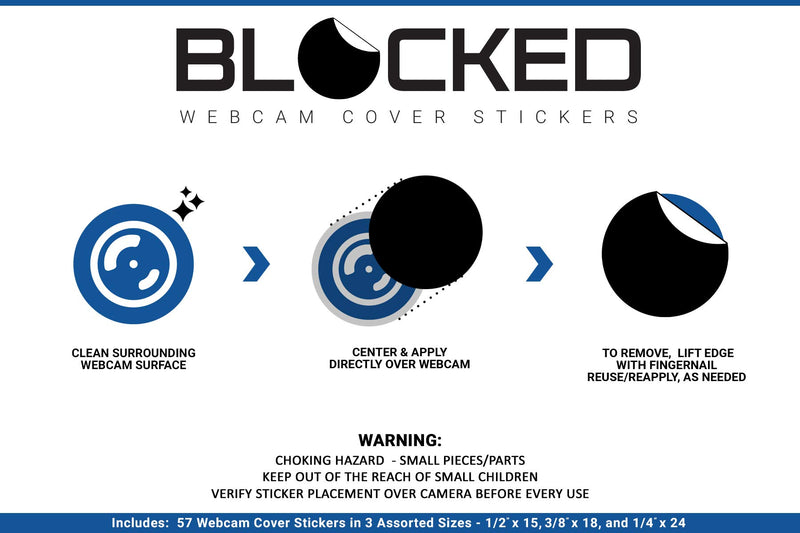 BLOCKED Webcam/Camera Vinyl Covers | 57 Low-Tack Reusable Webcam Sticker | 3-Sizes | Black