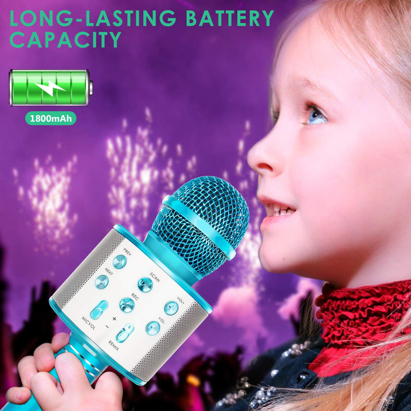 [AUSTRALIA] - KIDWILL Wireless Bluetooth Karaoke Microphone for Kids, 5-in-1 Portable Handheld Karaoke Mic Speaker Player Recorder with Adjustable Remix FM Radio for Kids Girls Boys Teens Birthday (858-Blue) Blue 