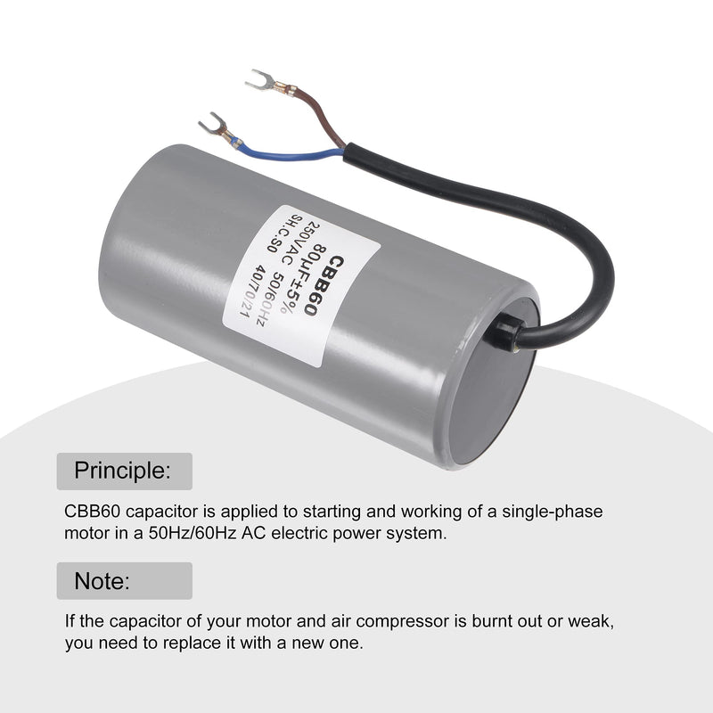 MECCANIXITY CBB60 Run Capacitor 80uF 250V AC 2 Wires 50/60Hz Cylinder 124x60mm with Terminal for Air Compressor Water Pump Motor