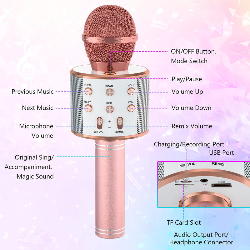 Wowstar Wireless Microphone, Karaoke Bluetooth Microphone for Kids Adults, Portable Toy Karaoke Mic Speaker Machine, Home KTV Player Support Android & iOS Devices for Party Singing (Rose Gold) Rose Gold