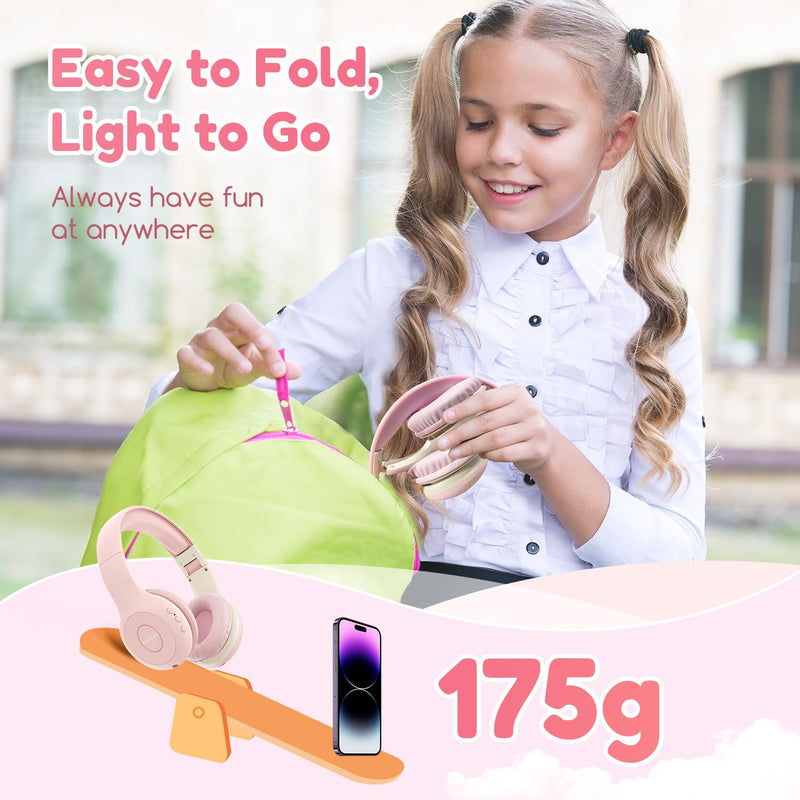 [AUSTRALIA] - Kids Bluetooth Headphones, EarFun K2 Kids Headphones with Volume Limited, 40H Playtime, Bluetooth 5.0 Headphones with Mic, Stereo Sound, Foldable Over-Ear Headphones for Kids/School/Travel/Tablet Pink 