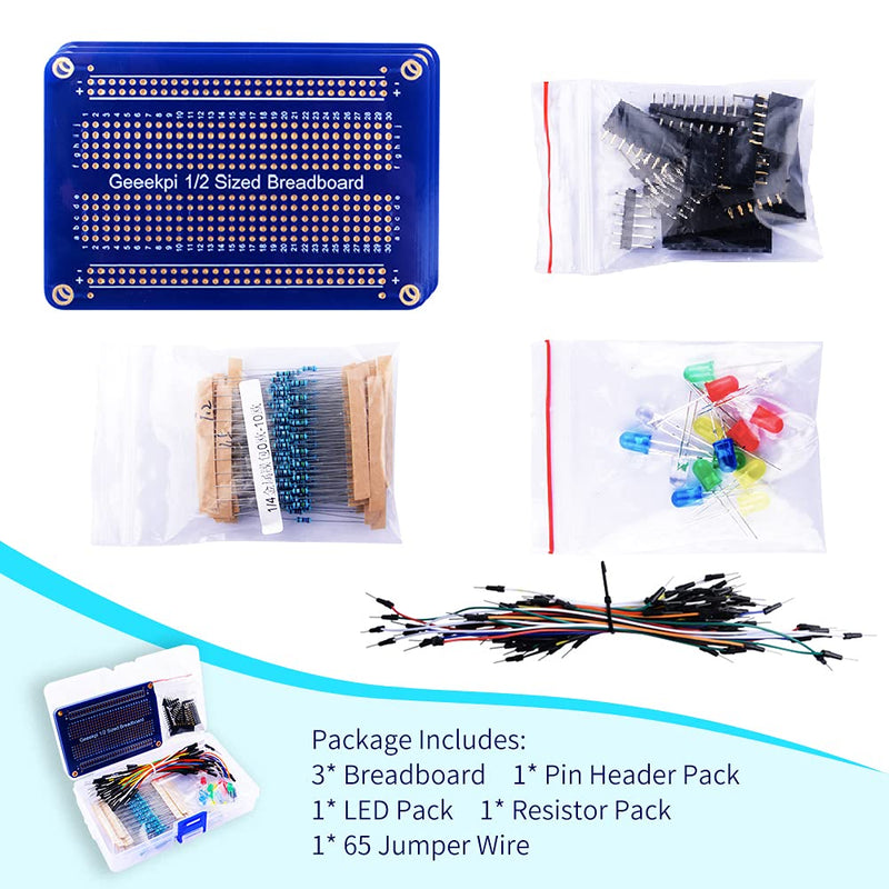 GeeekPi Electronic Fun Kit,with 3PCS Half Sized Breadboard Cable Resistor LED Potentiometer for Electronic Learning Kit, Compatible with Arduino IDE, UNO R3, MEGA2560, Raspberry Pi Range(Blue) Blue