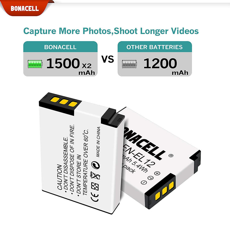 Bonacell 2 Pack Replacement Nikon EN-EL12 Battery and Charger Kit for Nikon Coolpix A1000, B600, W300s, AW100, AW110, S640, S6000, S6100, S6200, S6300, S8000, S8100, S8200, S9100, S9200, S9300, S9500