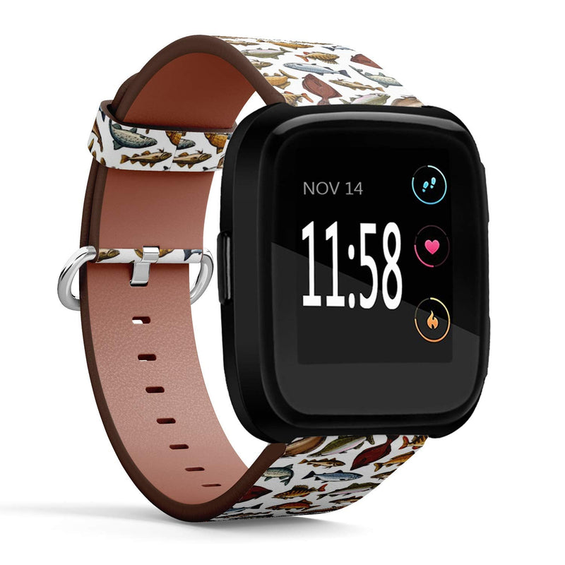 Compatible with Fitbit Versa/Versa 2 / Versa LITE - Quick Release Leather Wristband Bracelet Replacement Accessory Band - Fish Sea Ocean