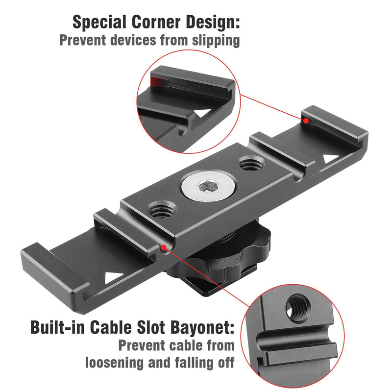 Dual Cold Shoe Mount Bracket,Chromlives Dual Hot Shoe Extension Bar,Cold Shoe Mount Plate Adapter,Aluminum Dual Shoe Extension Bracket with Cable Slot Bayonet for Microphone,Led Video Light,Monitors Dual Cold Shoe