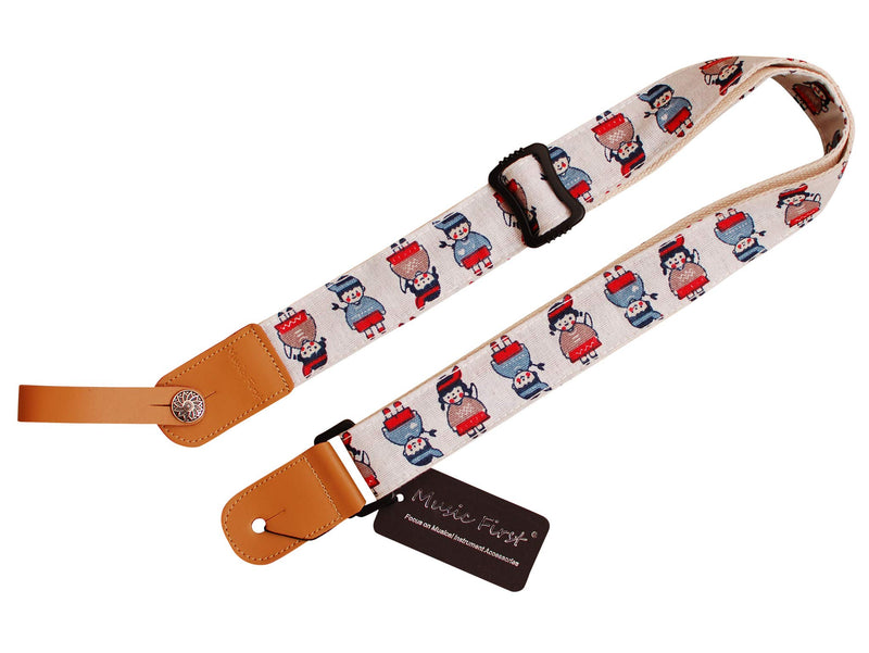 MUSIC FIRST Original Design “CARTOON KIDS” Soft Cotton & Linen & Genuine Leather Ukulele Strap Ukulele Shoulder Strap With a MUSIC FIRST Genuine Leather Strap Locker