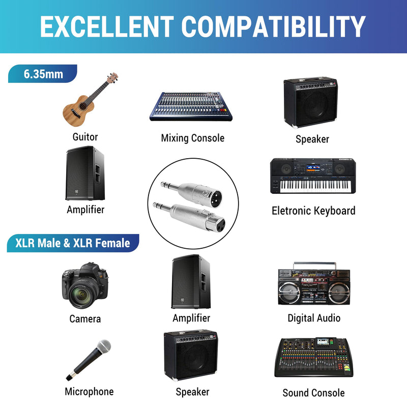 1/4" TRS to XLR Adapter 4 Pack, 1 Pair 6.35mm 1/4" Male to XLR Male Adapter and 1 Pair 6.35mm 1/4" Male to XLR Female Adapter, 1/4 Inch TRS to XLR Connector 6.35mm Male to XLR Male X2 & 6.35mm Male to XLR Female X2