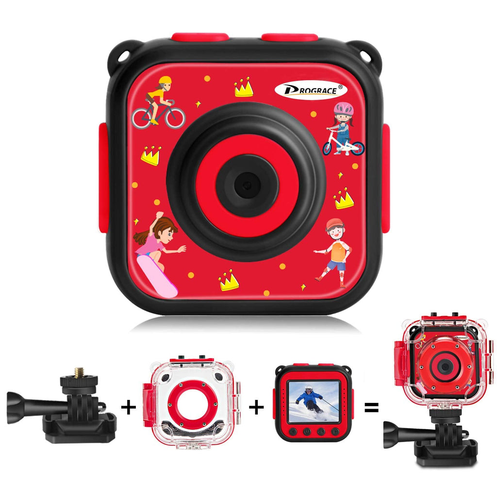 PROGRACE Kids Camera Underwater Waterproof Camera for Kids Camcorder for Boys Girls 4X Digital Zoom 3-Level Volume Adjustment(Red) Red