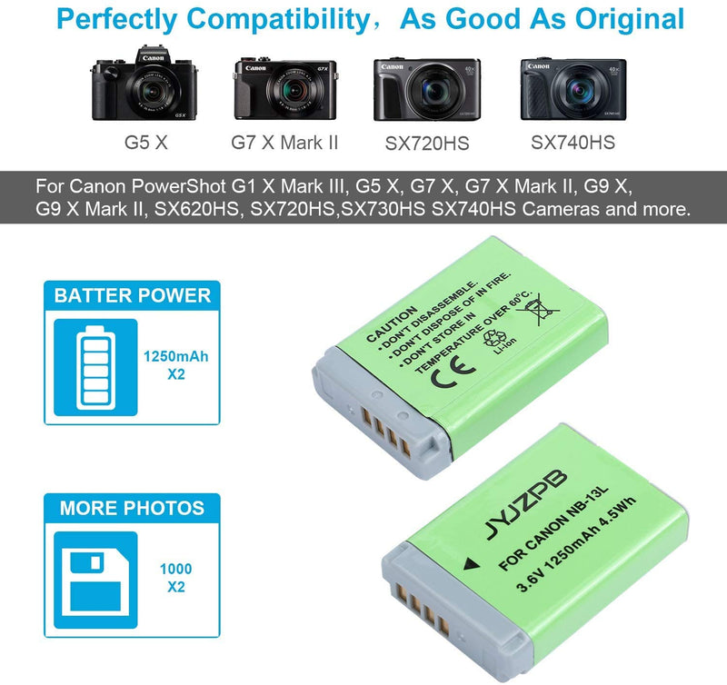 Upgraded JYJZPB NB-13L Replacement Battery (2 Pack) and USB Charger for Canon PowerShot SX720 HS, SX730 HS, SX740 HS, SX620 HS, G1 X Mark III, G5 X, G7 X, G7 X Mark II, G9 X, G9 X Mark II Cameras