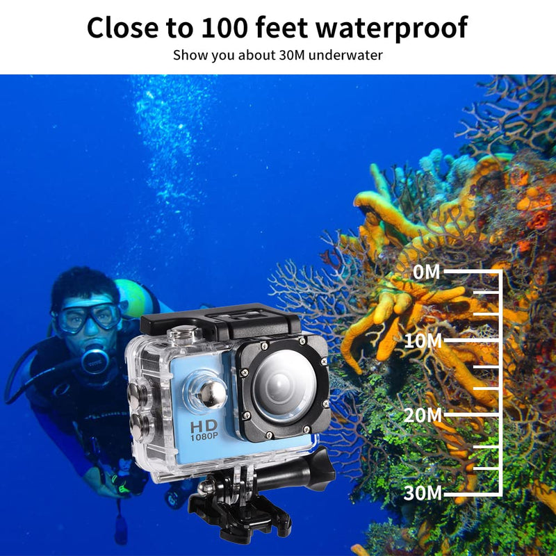 1080P Action Video Camera, 100 Feet Waterproof Camera with 90° Wide Angle Lens, 2" IPS Screen Underwater Camera with Accessories Kit, with 900mAh Battery for Photography Shooting(Blue)