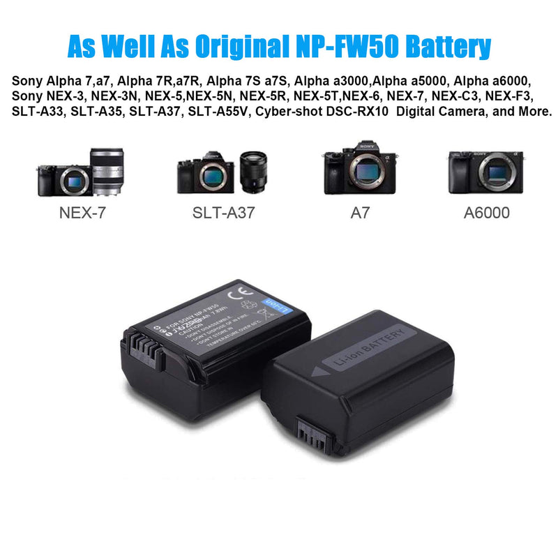 JYJZPB NP-FW50 Camera Battery Replacement and Dual Battery Charger for Sony A6000 Sony A6400 A6300 A6500 A7 A7II A7RII A7SII A7S A7S2 A7R A7R2 A55 A5100 RX10(Not for Sony A7III, Sony A6600)