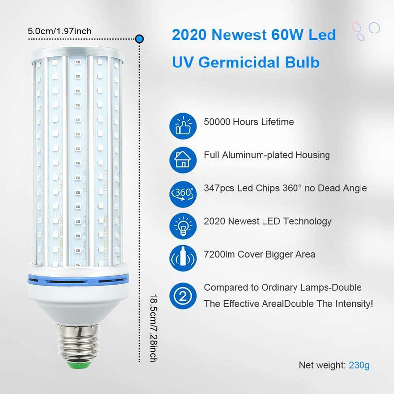 TAISHAN 60W UV Germicidal Lamp, UV Sanitizer Bulb with E26/E27 Base,Remote Control Timer UV LED Corn Lamp Bulb for Warehouse,School,Home,Restaurant,Office