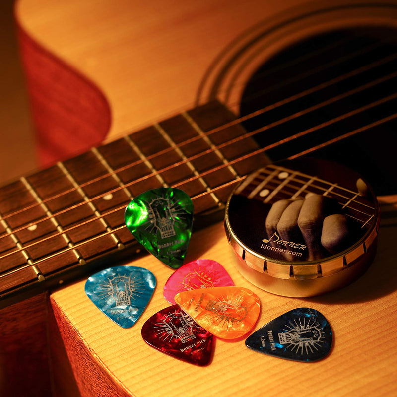 Celluloid Guitar Picks, Donner 16pcs Guitar Plectrum Including Thin, Medium, Heavy & Extra Heavy Gauges (0.46mm-1.2mm)