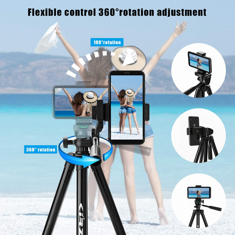 Kirzi Phone Tripod 50" Adjustable Travel Video Tripod Stand with Camera Cell Phone Mount Holder with Bluetooth Remote,Compatible Well with iOS/Android
