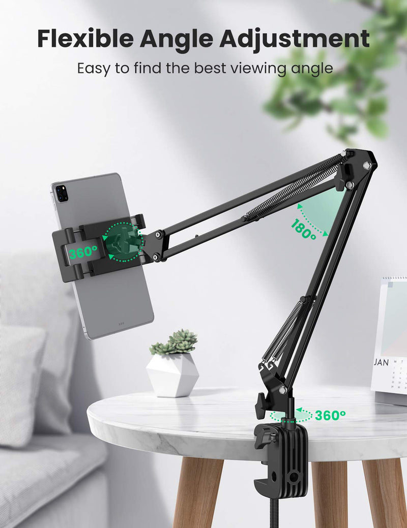 UGREEN Tablet Holder Aluminum Long Swing Arm Adjustable Phone Stand Clamp Bed Desk Flexible Mount Hands-Free Compatible with 12.9 iPad Pro Mini Air, iPhone 13 Pro Max, Galaxy Tab S7 S5e S21 Note20