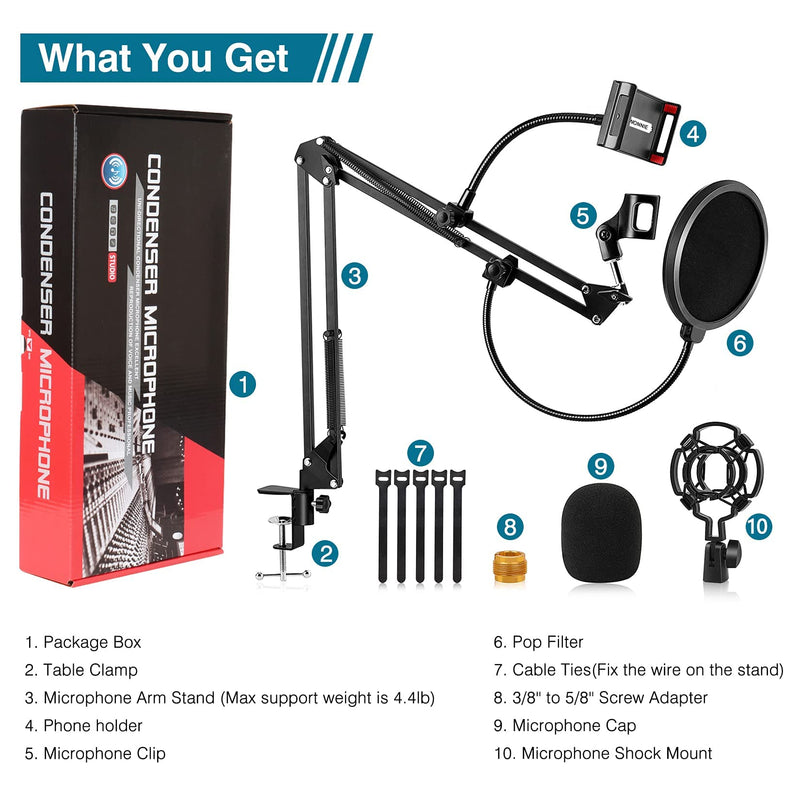 Microphone Arm Stand, WONNIE Mic Boom Arm with Adjustable Suspension Scissor Arm Stand, Pop Filter, 3/8" to 5/8" Screw Adapter, Mic Clip, Phone Holder, for Blue Yeti, Blue Snowball and Other Mics