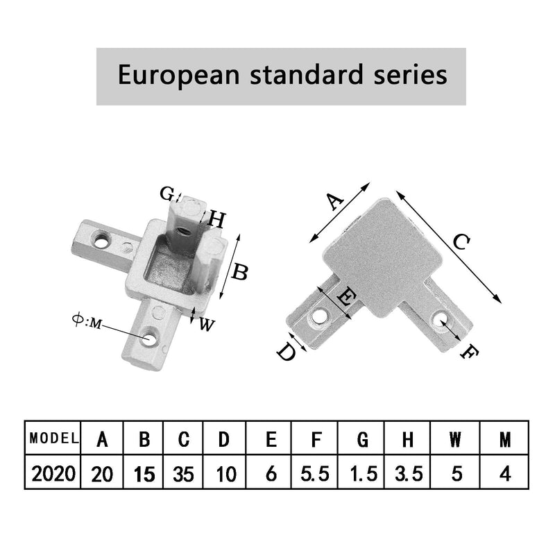 4Pcs 3-Way 2020 Series End Corner Bracket T Slot 2020 Bracket Kit with Screws Aluminum Extrusion Connector for European Standard Aluminum Extrusion Profile