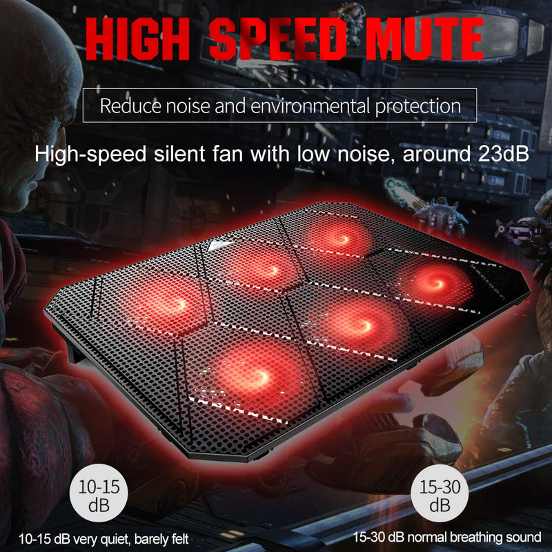 Pccooler Laptop Cooling Pad, Powerful Slim Quiet Laptop Cooler for Gaming Laptop - 6 Red LED Fans - Dual USB 2.0 Ports - Portable Height Adjustable Laptop Stand, Fits 12-17 Inches