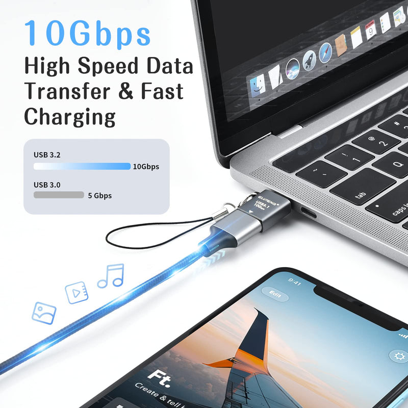 ELUTENG USB C to USB Adapter 2 Pack Type C Male to USB 3.1 Female Adapter 10Gbps Aluminum Alloy USB C to USB with Lanyards Compatibale with MacBook Pro, Laptop, Projector, TV, PC and More