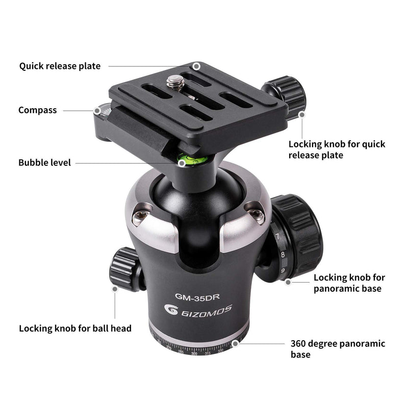 GIZOMOS GM-35DR Panoramic Professional Tripod Ball Head with 1/4" Quick Release Plate, 360 Degree Swivel, Fluid Rotation Camera Ball Head with Bubble Level, Aluminum Alloy, Max Load 12kg/26.5lb
