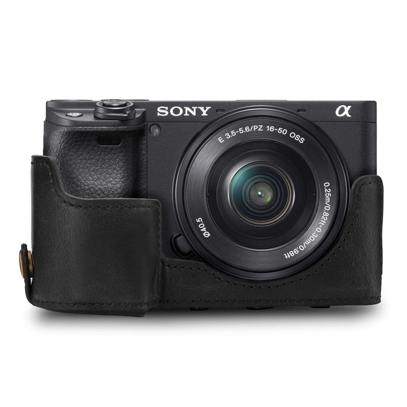MegaGear Ever Ready Leather Camera Case Compatible with Sony Alpha A6100, A6400 (18-135mm) Black