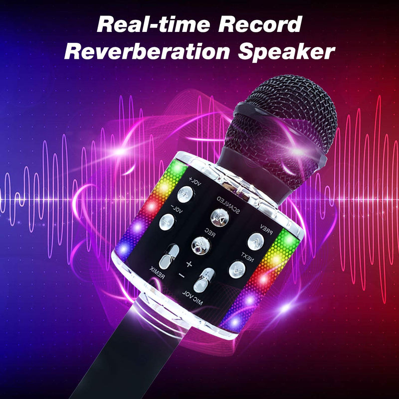 [AUSTRALIA] - 4 in 1 Wireless Bluetooth Karaoke Microphone with LED Lights,Handheld Portable Microphone for Kids, Home KTV Player with Record Function, Compatible with Android & iOS Devices (Black) Black 