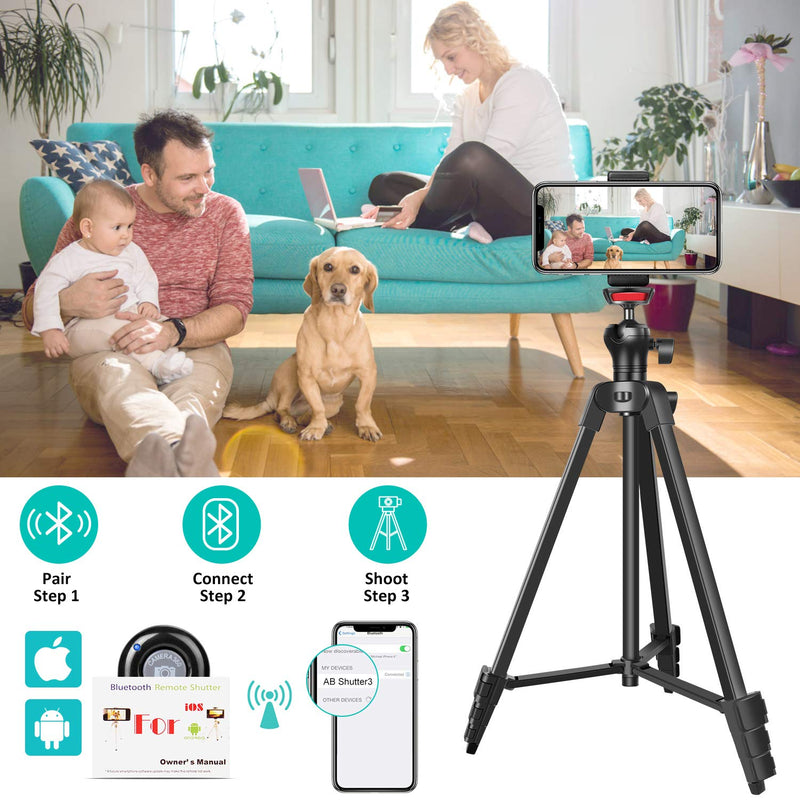 57”Tripod, Portable Lightweigh Travel Phone Tripod for Live Streaming Vlog Video,with Phone Clip, Remote Shutter, Backpack, Maximum Load 3KG, 1/4" Mounting Screw, TAIROAD T50 black 57''