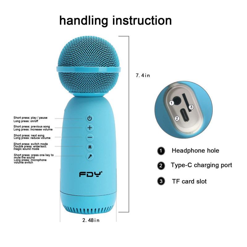 FDY Wireless Bluetooth Karaoke Microphone, 7-in-1 Convenient Handheld Microphone Speaker Machine for Children, Voice Changer for Children and Adults, Recording, Playback and Reverberation，Blue