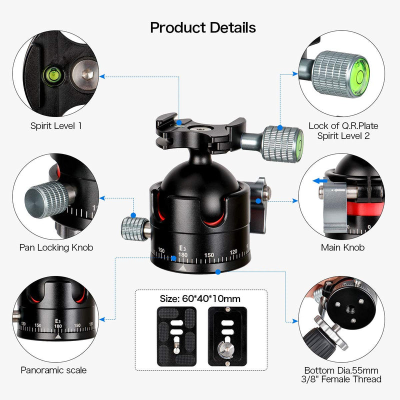 koolehaoda Low-Profile Ballhead with 1/4" Screw Arca-Type QR Plate and Φ45mm Metal Ball Joint Tripod Head 360° Panoramic for DSLR,Tripod. Maximum Load: 15KG/ 33Ibs -(E3)