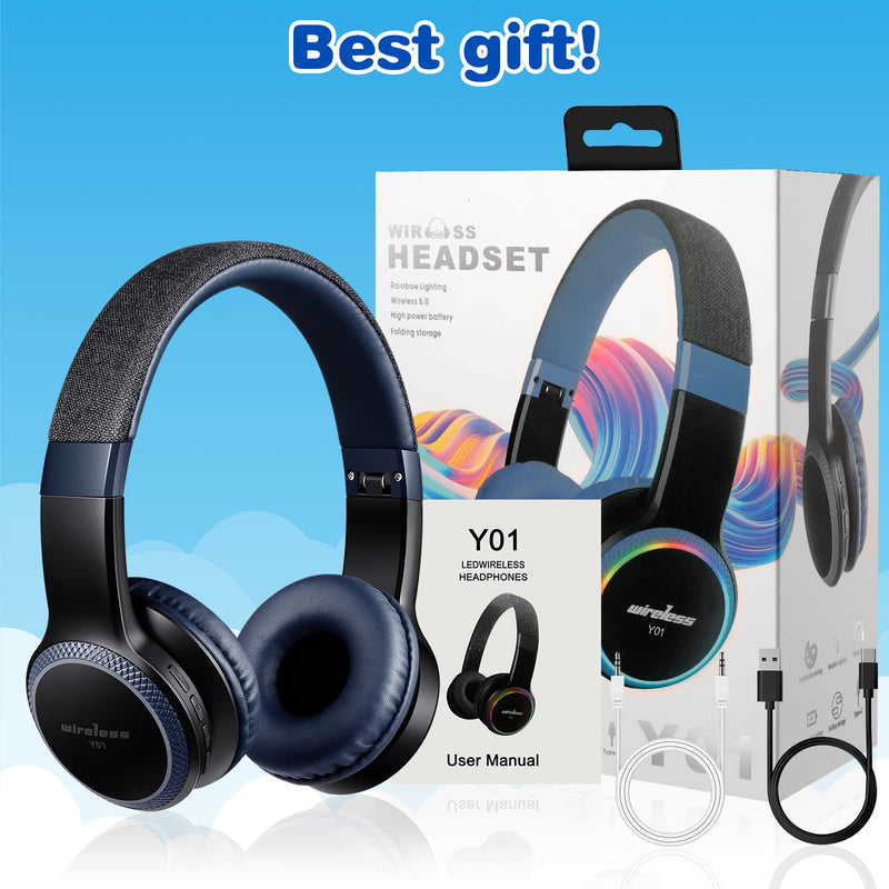 Kids Blutooth Headphones with mic, Colorful LED Lights, Stereo Sound, Bluetooth5.0, Foldable On-Ear Children Wireless/Wired Headphones Fit for Kids Teens Adults (Black&Blue) Blue