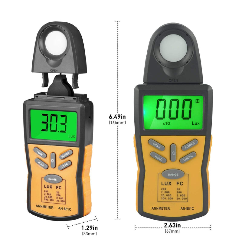 ANNMETER AN-881C Digital Illuminance Meter, Lux Meter with 0.1~200,000 Lux (0.01~20,000FC) Measuring Ranges, Light Meter for Plants and Photography, Lumen Meter with Data Hold and Back Light AI-881C Illuminance meter Range 0.1~200,000Lux
