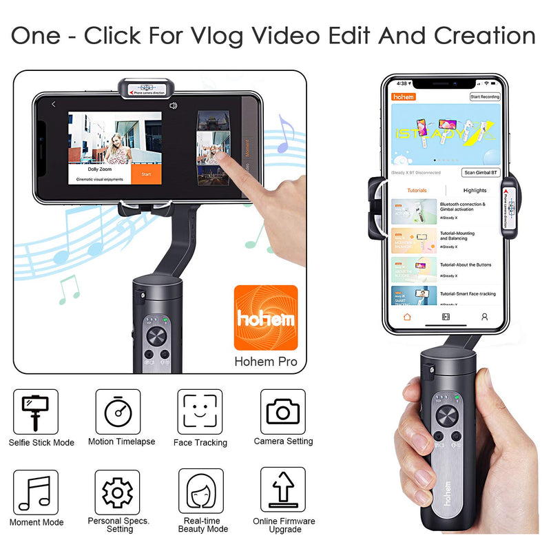 Hohem iSteady X, 3-Axis Foldable Lightweight Gimbal Stabilizer, Which is only 0.57Lbs, Supports Moment /Auto-Inception Mode, and is Compatible with iPhone 12/11 and Smartphones (0.57Lbs, Black)