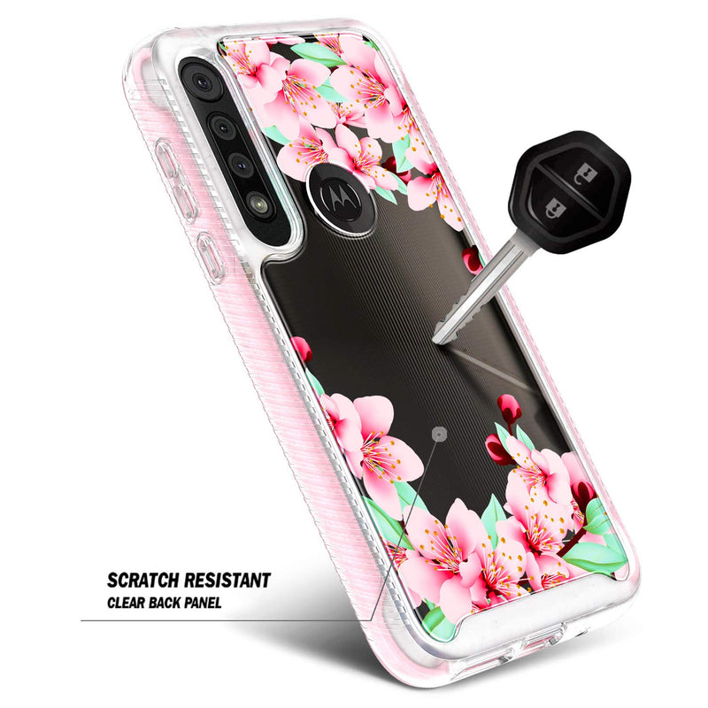 E-Began Moto G Power Case with [Built-in Screen Protector], Full-Body Shockproof Protective Bumper Cover, Impact Resist Durable Cute Case for Motorola G Power (2020) -Flower Design Peach Blossom Flower Design Peach Blossom