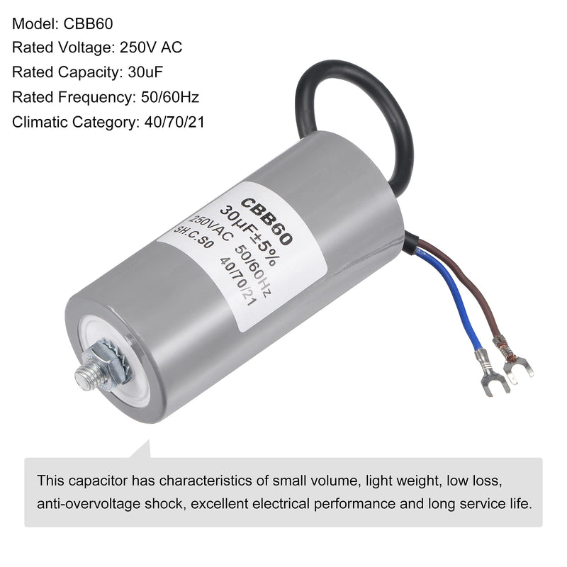 MECCANIXITY CBB60 Run Capacitor 30uF 250V AC 2 Wires 50/60Hz Cylinder 96x46mm with Terminal, M8 Fixing Stud for Air Compressor Water Pump Motor