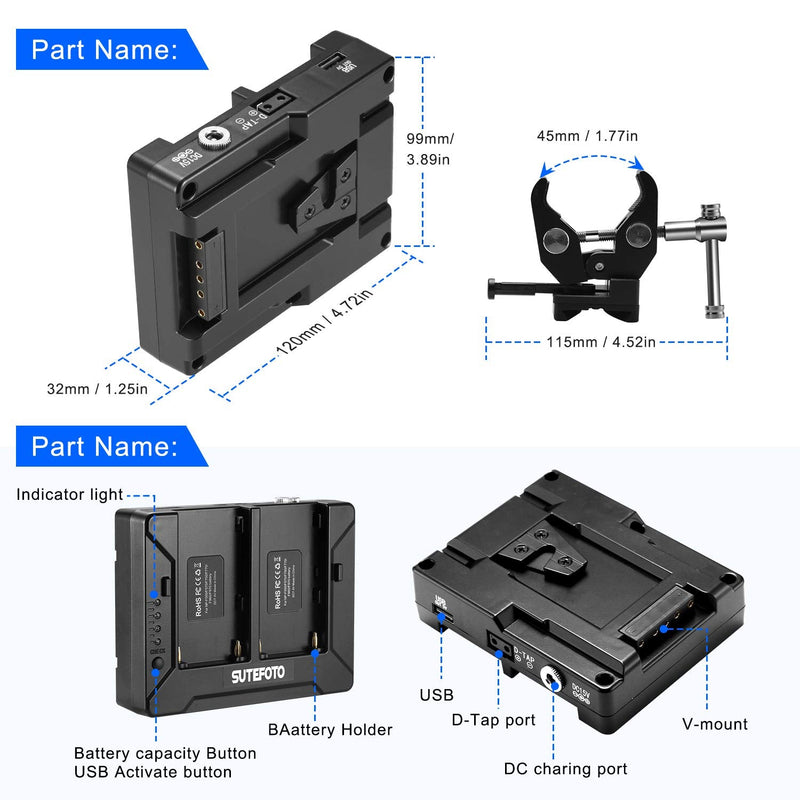 NP Battery Plate Adapter with D-TAP Output for Sutefoto P80 and P80RGB Light Compatible for NP-F Series Battery(NP-F550 F750 F970)+ V-Mount Clamp