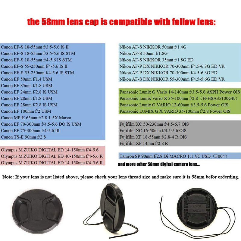 [2Packs]58mm Snap-On Lens Cap for Canon EOS 2000D（Rebel T7）w/ EF-S 18-55mm f/3.5-5.6，EF-S 55-250mm f/4-5.6 Lens，for Nikon AF-P DX NIKKOR 70-300mm f/4.5-6.3G and Other 58mm Lens
