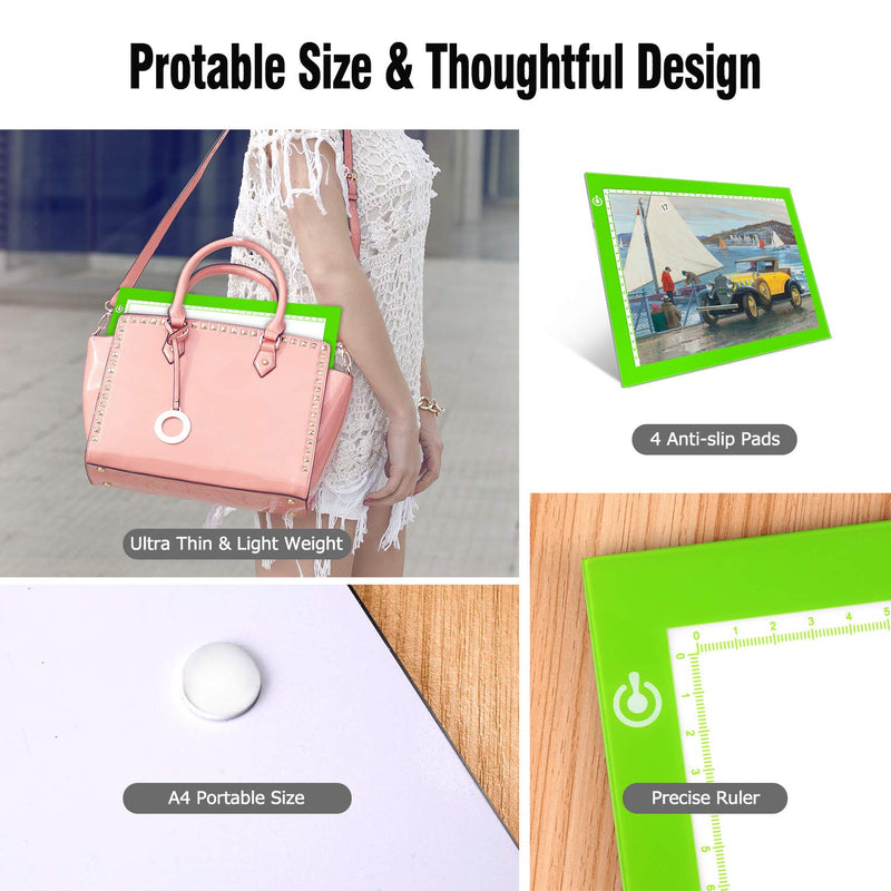 Green A4 Dimmable LED Artcraft Light Box Tracer Slim Light Pad Portable Tablet, USB Power Cable Copy Drawing Board Tracing Table for Artists Designing, Animation, Sketching, Stenciling X-ray Viewing Green