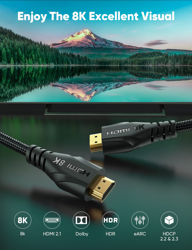 8K HDMI Cable 2.1 Long 15FT/5M, HD Ultra 48Gbps High Speed HDMI Braided Cord, Cratree 8K60Hz 4K120Hz 144Hz, HDCP 2.2&2.3, HDR10 Compatible with Samsung Fire Roku Apple TV 4K PS4 PS5 Xbox Series X