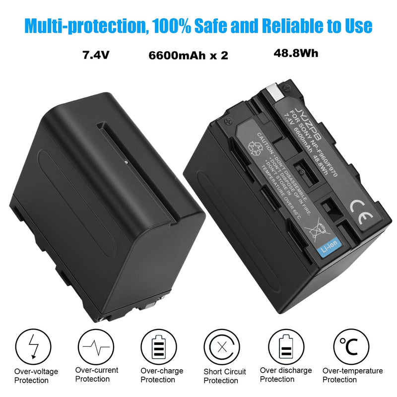 JYJZPB NP-F970 Battery and Battery Charger for Sony NP-F750 NP-F550 NP-F570 NP-F960 NP-F930 Battery and Sony Handycam DCR-VX2100 DSR-PD150 FDR-AX1 HDR-AX2000 HDR-FX1(6600mAh Real Capacity)