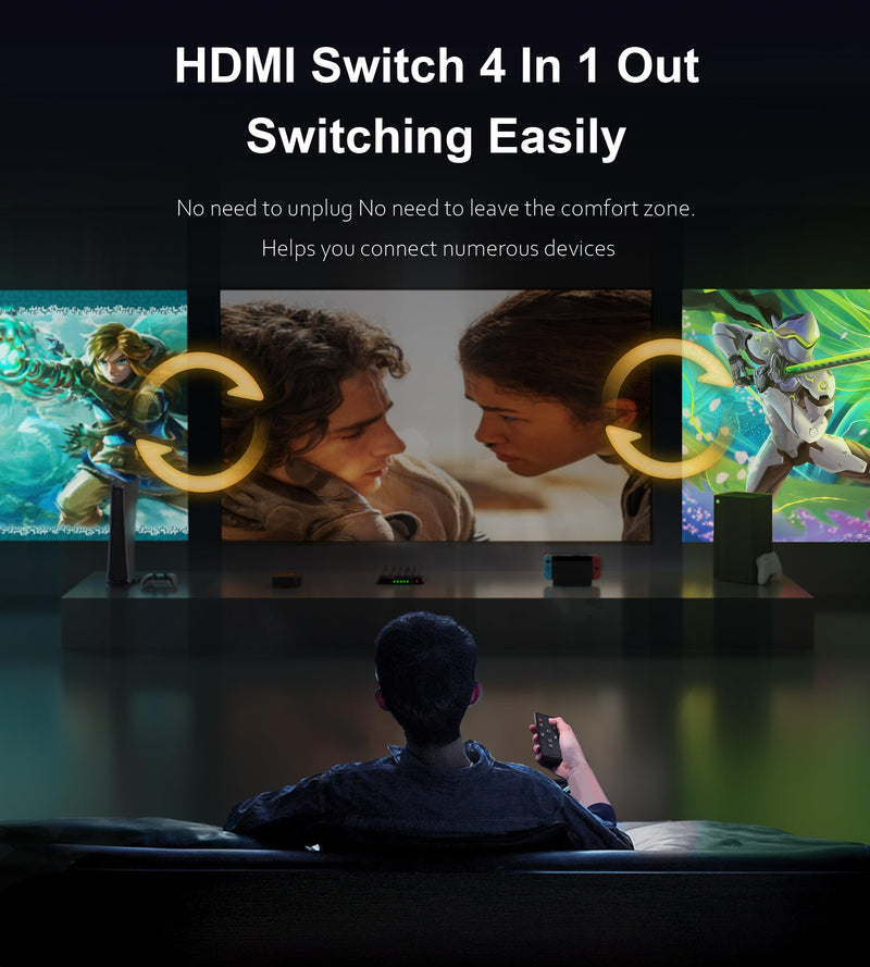 8K HDMI Switch 4K 120Hz, avedio links HDMI Switch 4 in 1 Out with Remote, HDMI 2.1 Switch Support HDR, HDCP 2.3, 3D, VRR, HDR10, Dobly Atmos Compatible with PS5/PS4, Xbox Series x, Fire Stick, Roku 8K@60Hz HDMI Switch 4x1
