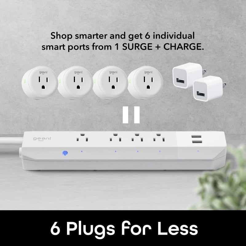 Geeni Surge 4-Outlet, 2 USB Smart Extension Cord, Surge Protector Cord Extender, Works with Alexa and Google Assistant, Requires 2.4 GHz Wi-Fi, 3 Feet 4 Outlet +2 USB