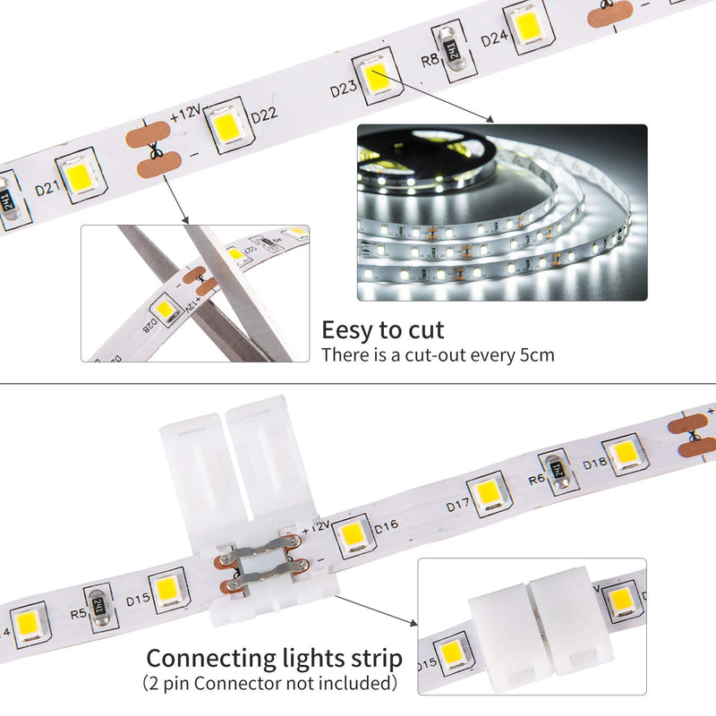 [AUSTRALIA] - GUOTONG 16.4ft LED Strip Light, 6000K Daylight White 5m Dimmable Tape Light, 12v Ribbon Light 2835 LEDs Flexible Strip Lighting for Under Cabinet, Home, Kichen, Bedroom, Non-Waterproof Daylight White (Set) 