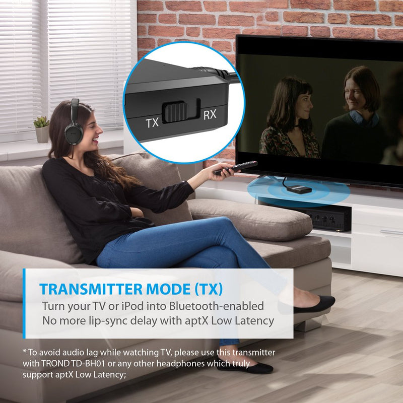 [AUSTRALIA] - TROND Bluetooth V5.0 Transmitter Receiver, 2-in-1 Wireless 3.5mm Audio Adapter, AptX Low Latency, Smart Codec Indicator, 2 Devices Simultaneously, for TV, iPod, Home Sound System 