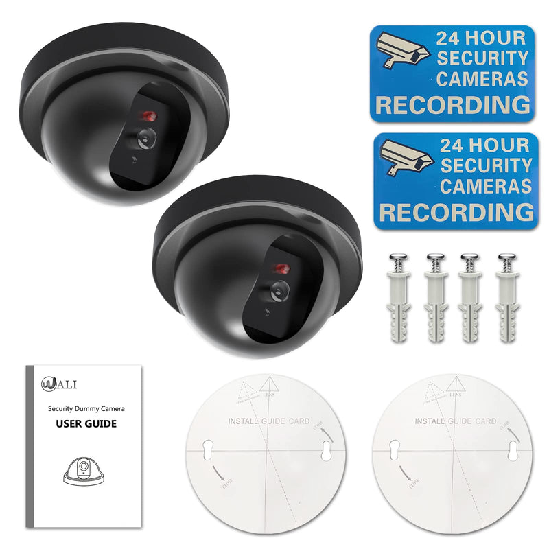 WALI Dummy Fake Security CCTV Dome Camera with Flashing Red LED Light with Security Alert Sticker Decals (SD-2), 2 Packs, Black