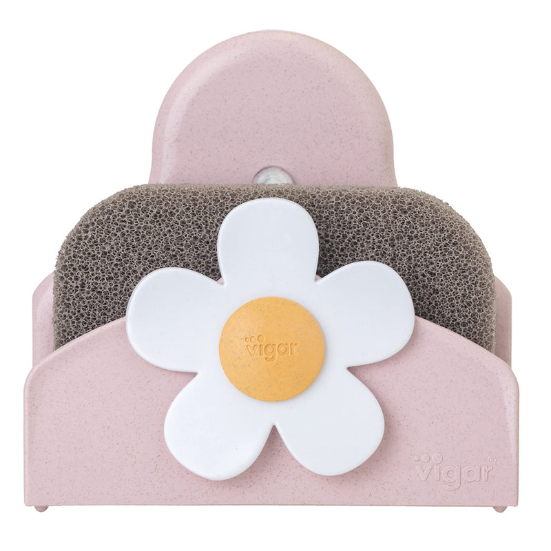 Vigar Florganic Sponge & Holder Set, Eco-friendly, Daisy-decorated Sponge Holder with Suction Cup and Sponge, Pink